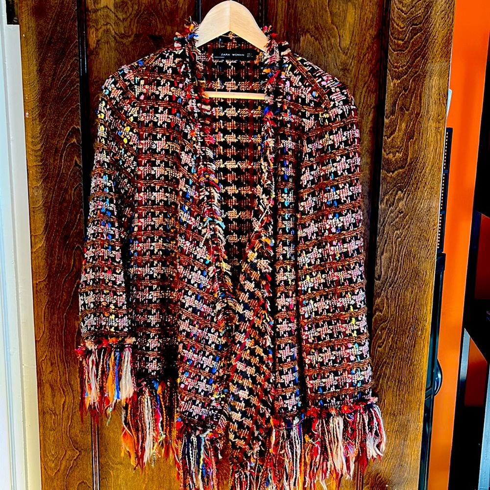 Zara multi colored fringe jacket
